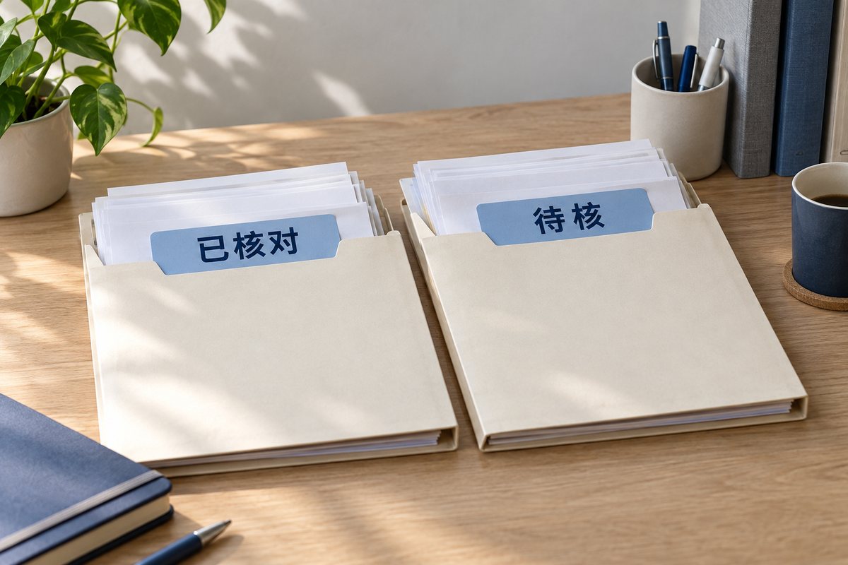 分别标为已核对和待核的两个资料袋