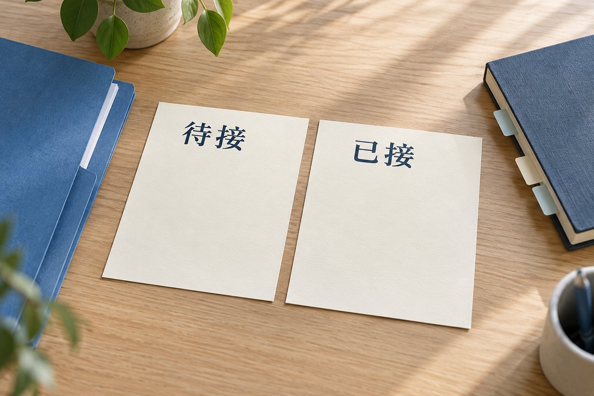 待接和已接两张纸卡放在资料夹旁