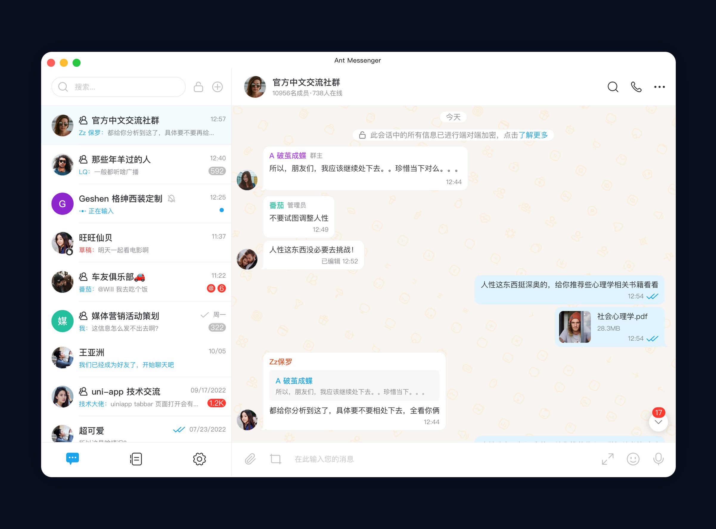 Ant Messenger桌面端通讯界面示意