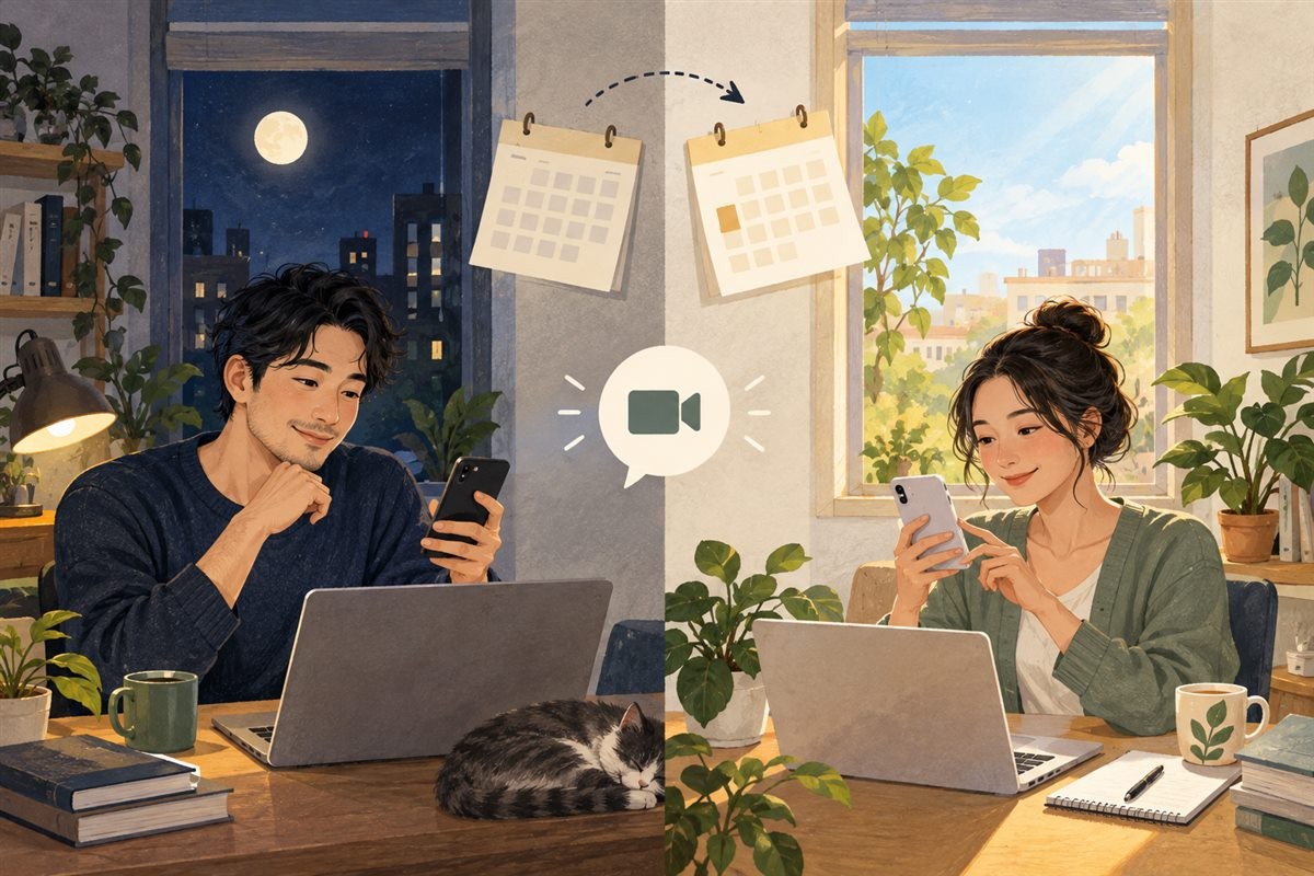 夜间和下午的两地场景提示跨时区转换时还要检查日期变化
